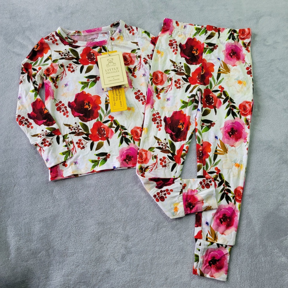 Little Snuggles Bamboo Toddler Girls 2T Floral Pajama 2 Piece Set Red Pink NEW